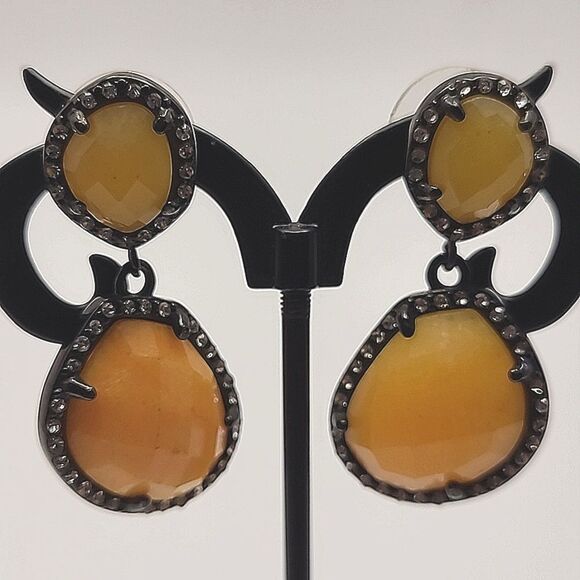 Orange Agate, Austrian Crystal Earrings in ION Plated Black Stainless St… - Picture 1 of 7